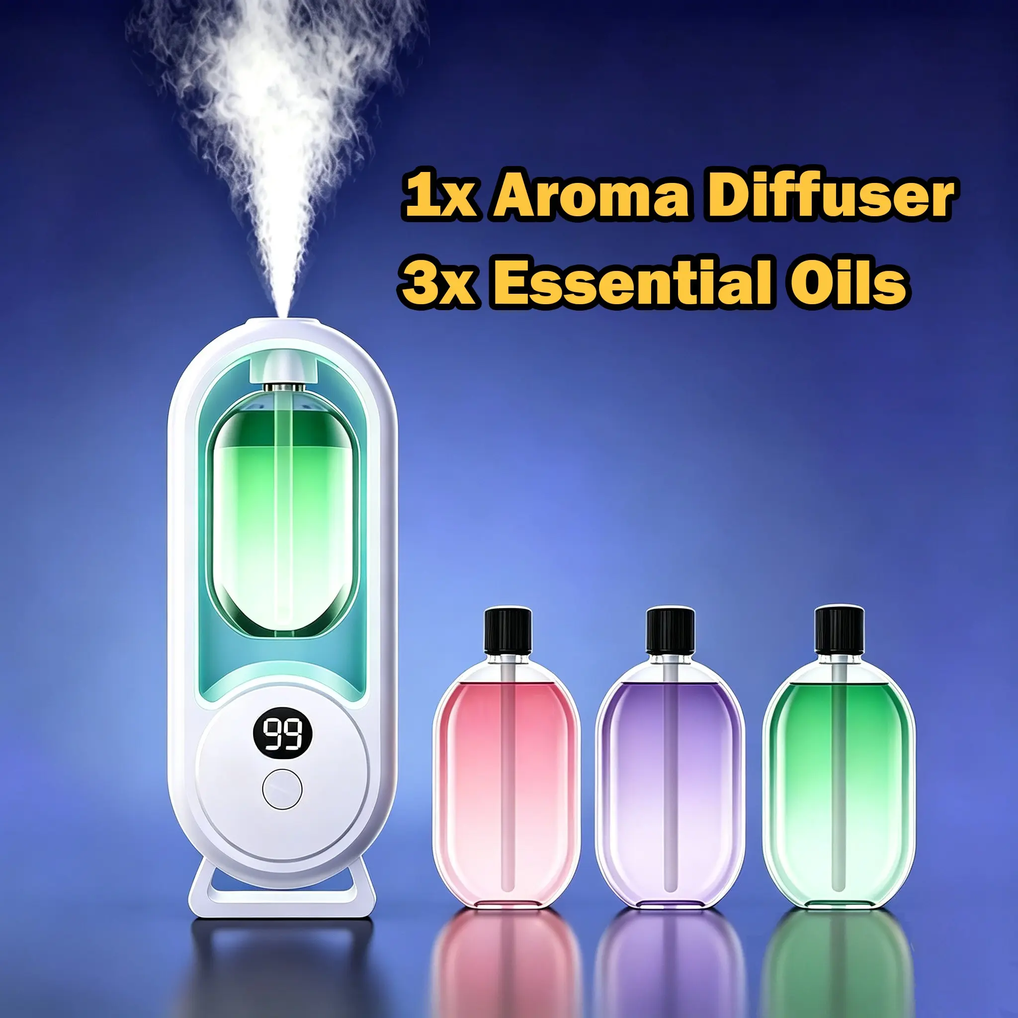 Household Mini Aroma Diffuser, Aroma Diffuser Humidifiers, Timing Automatic Mist Maker with 3 Essential Oils, 5 Spray Modes, USB Rechargeable, Bubble Bag Packaging