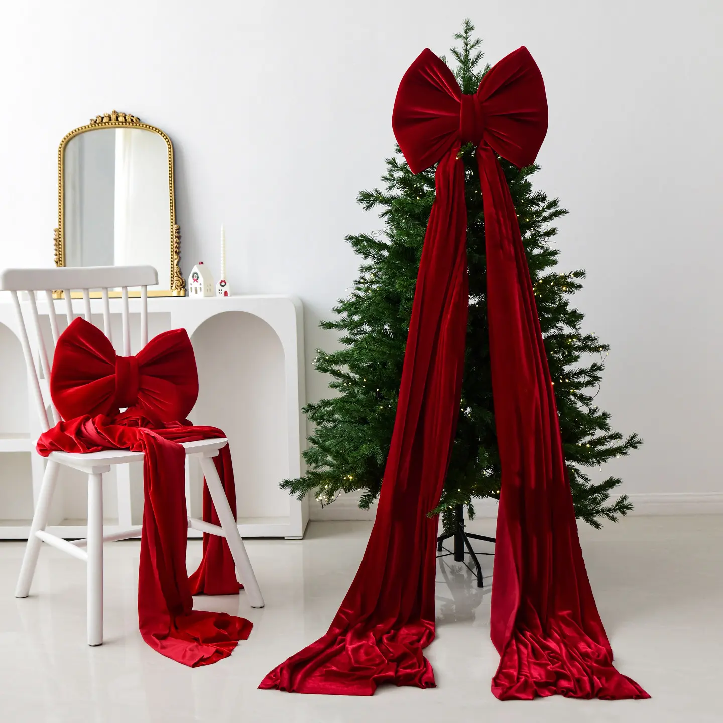 1pc High-end Velvet Giant Christmas Bow | Decor for the top of the Christmas tree, fireplace shelf, door, window display and party backdrop | No tools required for installation and reusable Bow Decoration