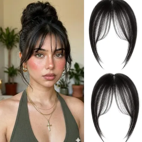2 Pcs Clip‑in Curtain Bangs, Synthetic Wispy French Face Framing Bangs Hairpiece, Invisible Fake Fringe with Temples for Women Daily Wear, Synthetic Fiber Hairpieces