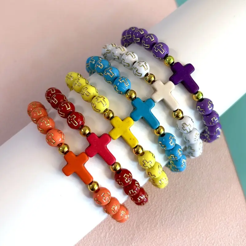 Unisex 6pcs Vintage Ethnic Cross-Print Beaded Bracelet Set - Fashion Jewelry for Daily Wear, Prayer, Ideal Gift for Loved Ones, Bracelets