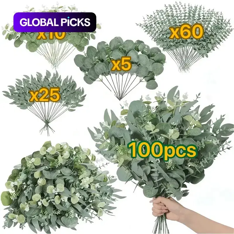100PCS Mixed Eucalyptus & Stem Artificial Flowers, 4 Types of Eucalyptus Leaves, DIY Bouquet Arrangement, DIY Flower Arrangements, Floral Home Decor #GLOBAL PICKS