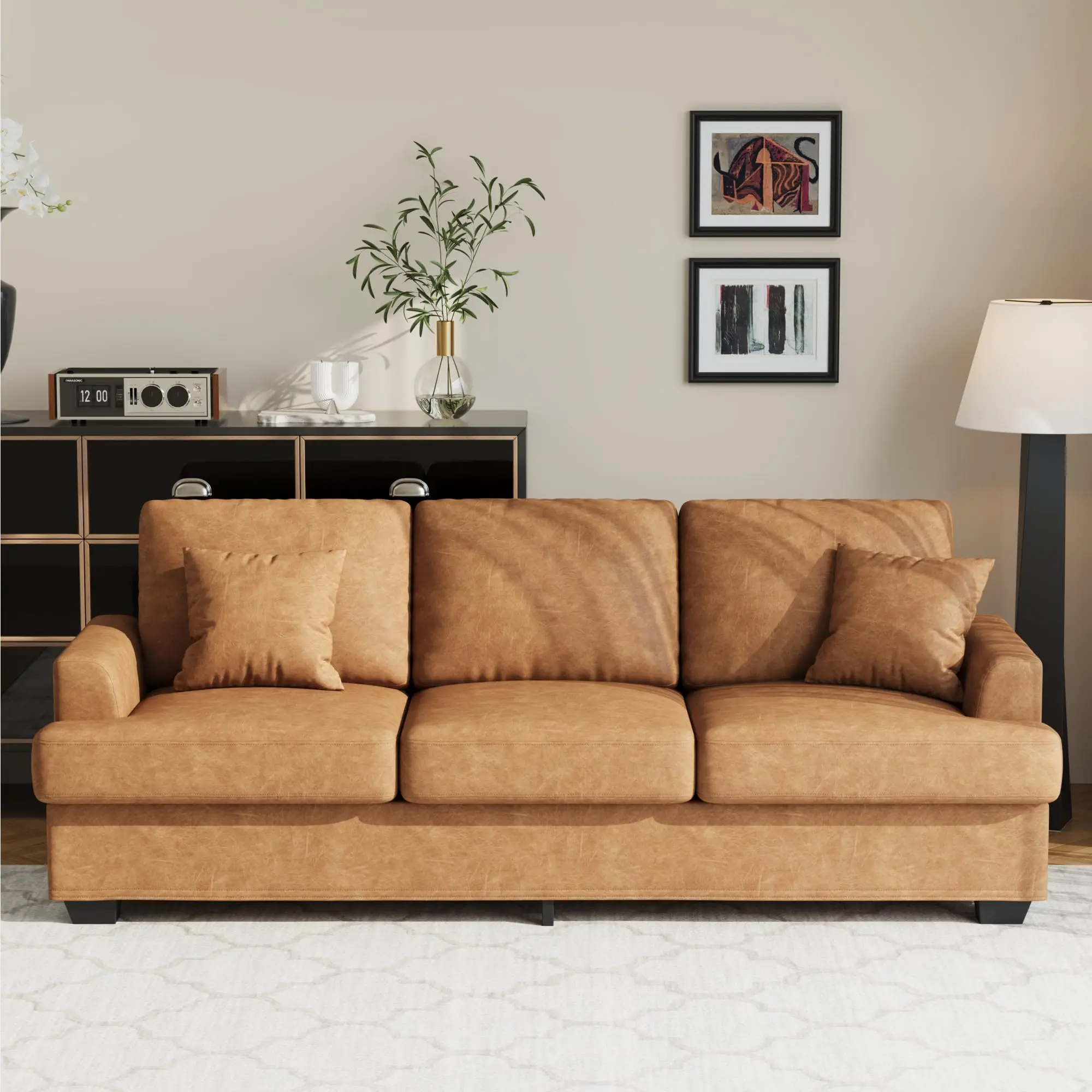 Modern 86" Leather Deep Seat Couch Sofa w/ 2 Throw Pillows & Upholstered Cushion & Removable Cover, Comfy Faux Leather Sofa Couch for Small Space Apartment Lounge