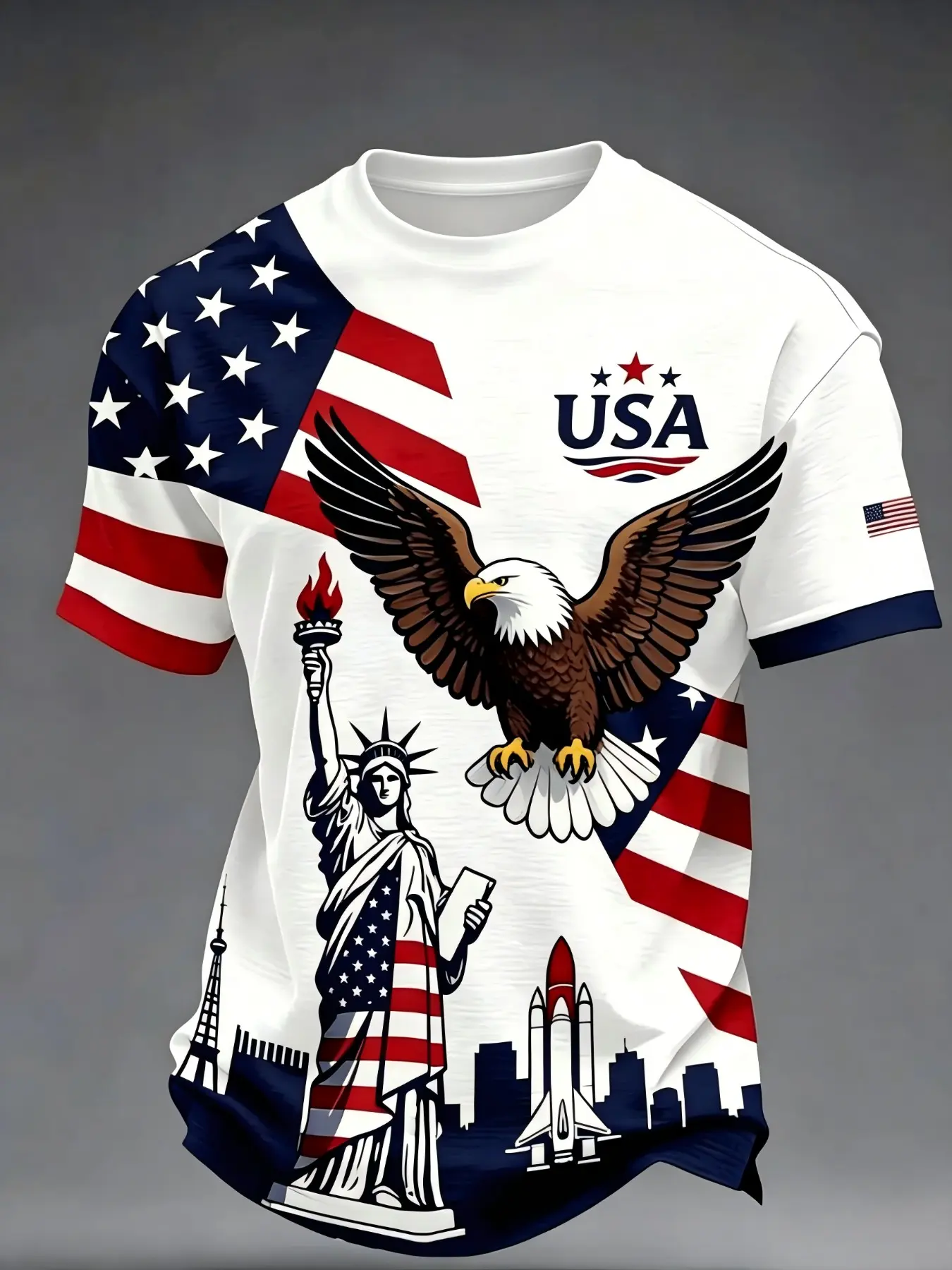 American Patriotic Eagle Liberty Goddess Print Short Sleeve T-Shirt, Casual Slim-Fitting Geometric Pattern Top, Unlined Without Button or Zipper