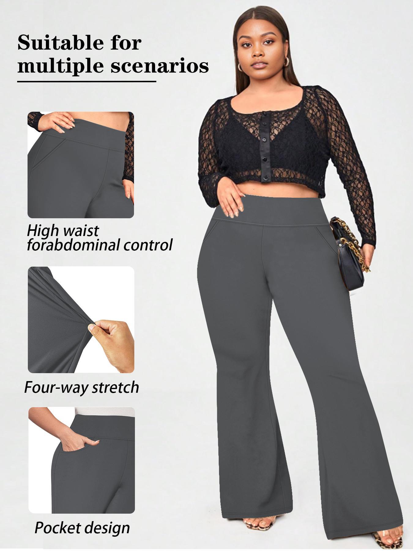 【 Plus Size】 Solid High Waist Flare Leg Pants, Casual Fashion Pants, Casual Comfy Pocket Design Bell Bottom Pants for Daily Wear, Women's Bottoms for All Seasons