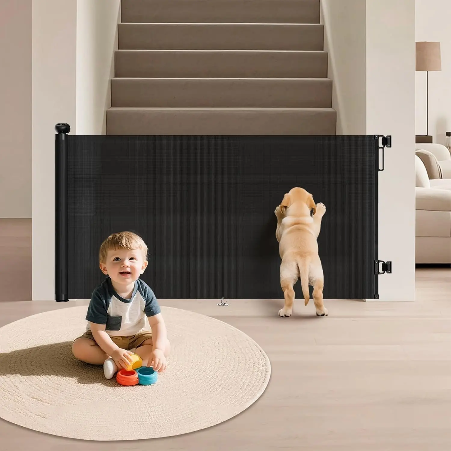 Retractable Mesh Baby Safety Gate 34" Tall Extends to 55" Wide for Stairs Doorways Hallways Indoor, Anti-Crawling Safety Gate for Toddlers & Pets, Black