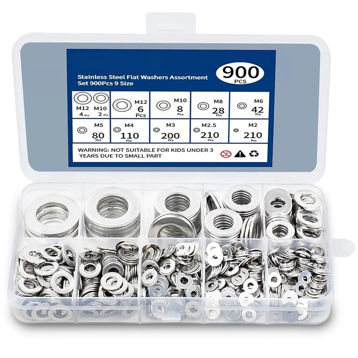 304 Stainless Steel Flat Washers for Screws & Bolting, 900-Pcs Multi-Size Assortment (M2-M12 mm) for Industrial Users, Millimeters