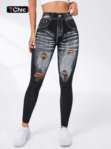 Women's Denim-Effect Print High Waist Sports Stretchy Leggings, Casual Comfy Cut Out Skinny Pants for Yoga Gym Workout Running, Ladies Sportswear Bottoms for All Seasons