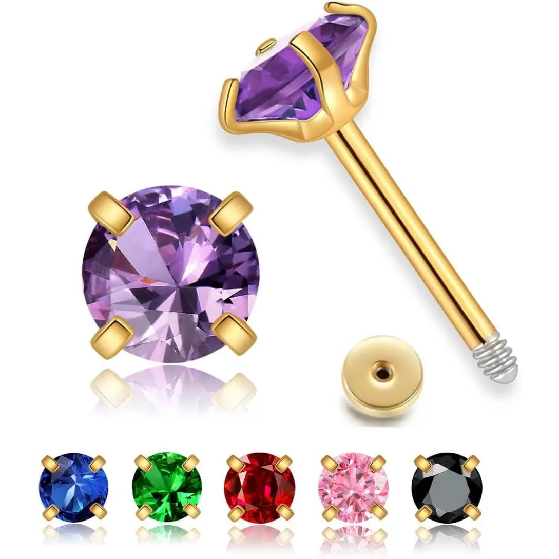 Small CZ Stud Flatback Earrings for Women,Dainty Flat Screw  Cartilage Earring Stud,Helix Conch Tragus  , Cubic Zirconia Studs