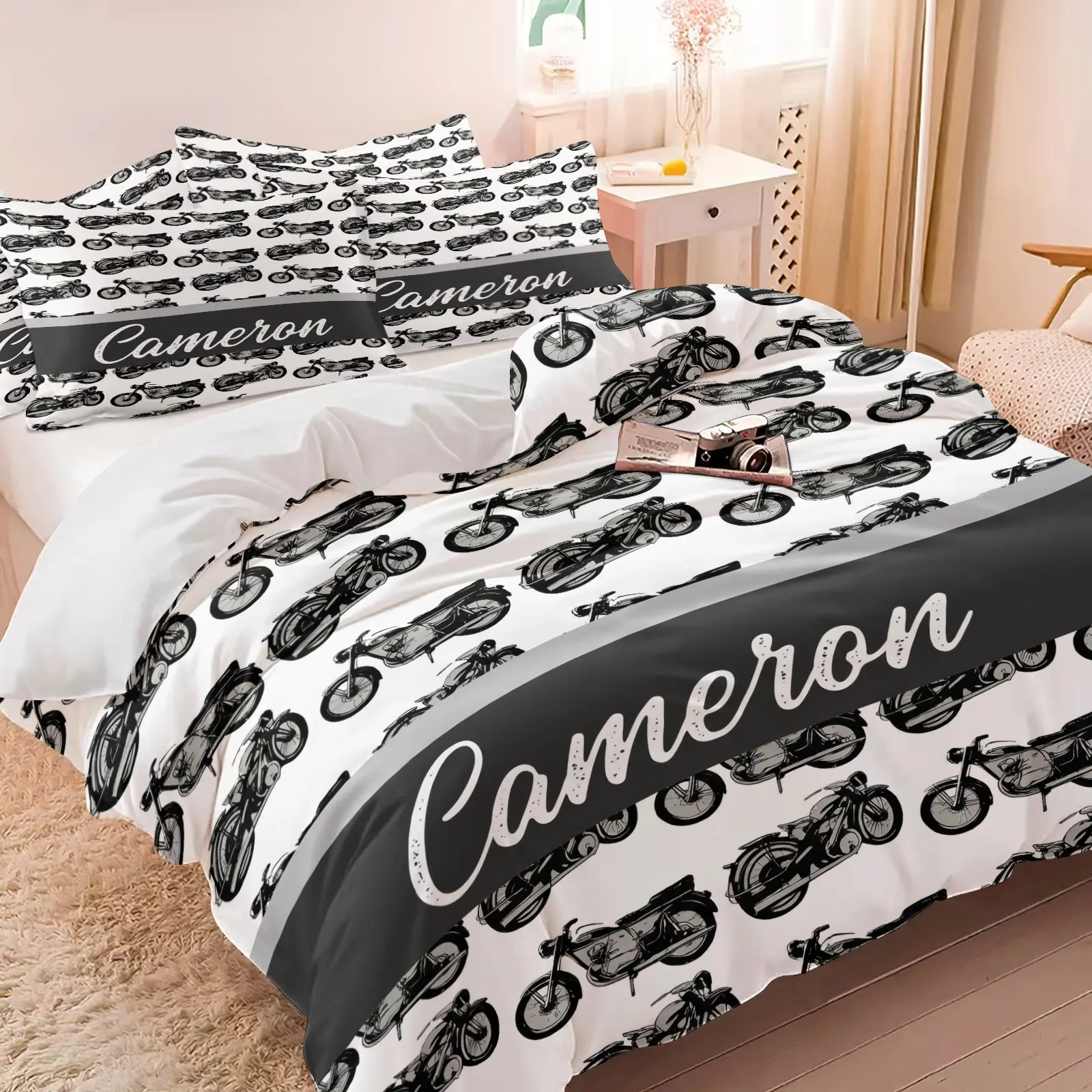 2/3Pcs Soft Custom Name Motorcycle Comforter Set Black White Vintage Retro Bike Sketch Print Personalized Bedding Masculine Lightweight All Season Bed Set For Boys Motorcycle Lover Bedroom