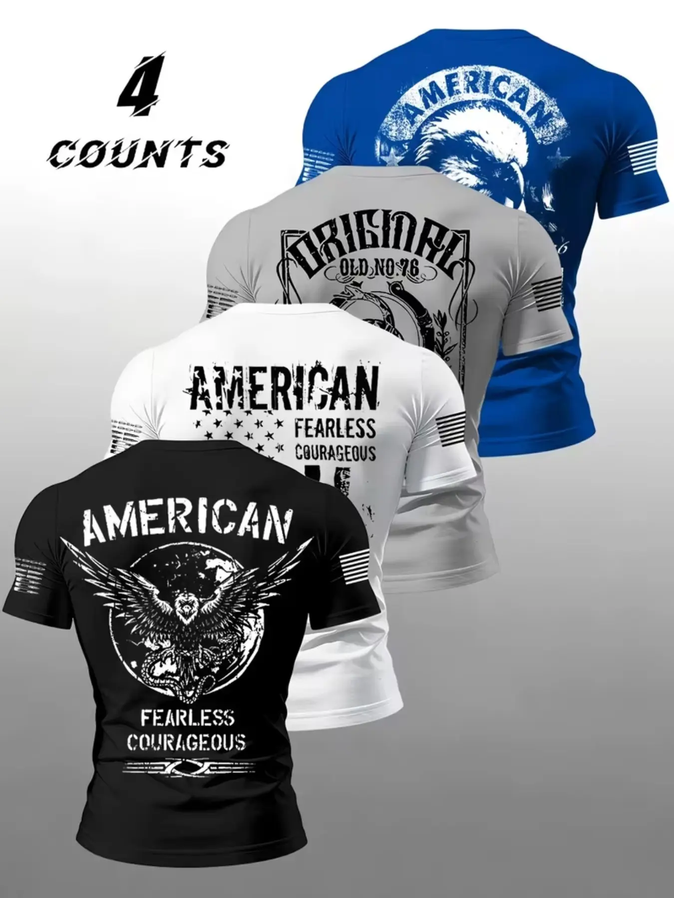 Men 4 Counts Pack Patriotic Compression Short Sleeve T-Shirt Vintage Distressed American Eagle Fearless Courageous Original Old No.76 Graphic Print USA Mini Flag On Sleeve Quick Dry Muscle Fit Athletic Workout Base Layer For Gym Motorcycle Outdoor Street
