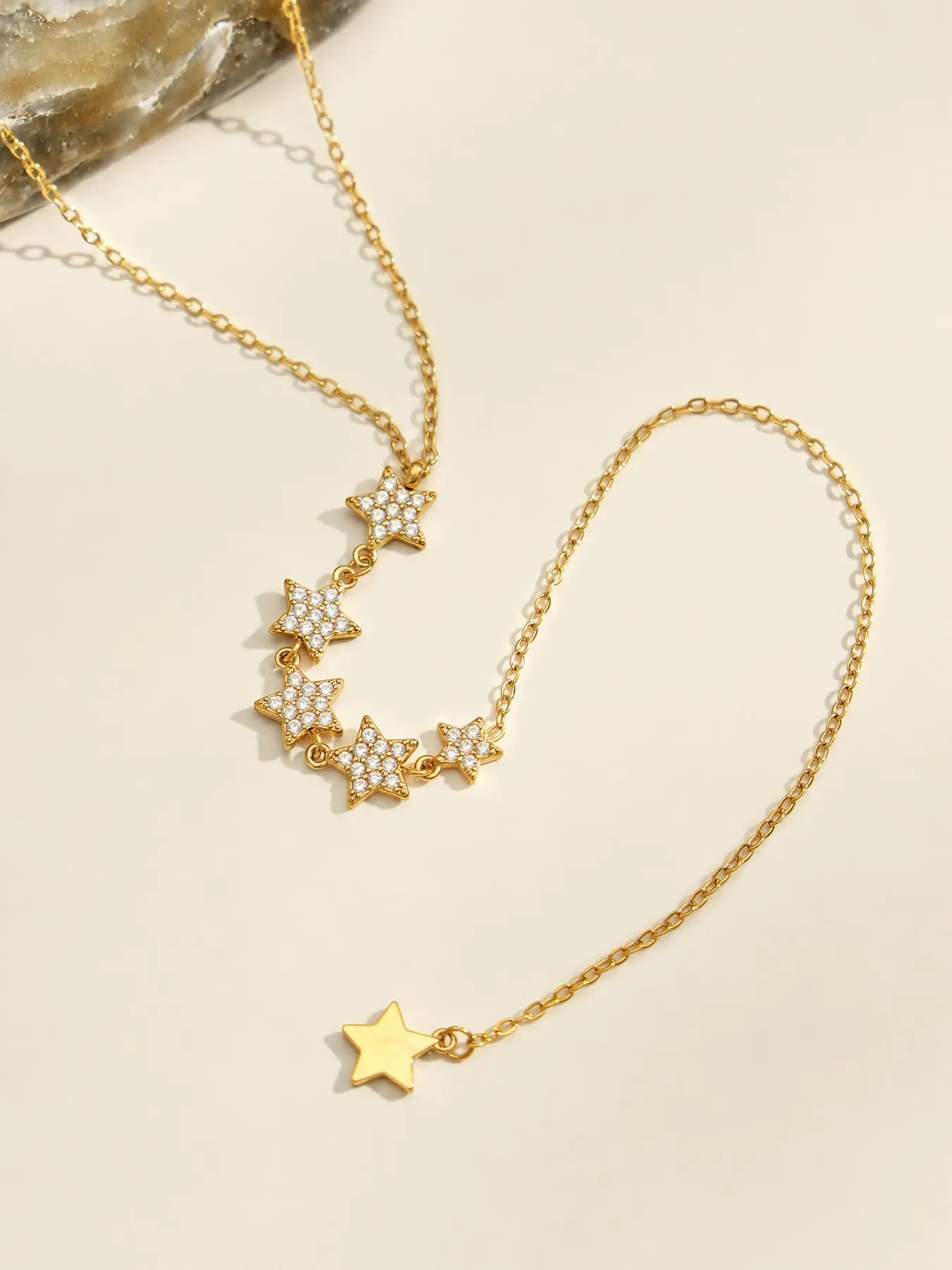 French Style Rhinestone Star Y-Shape Long Necklace, Stainless Steel Chain Waterproof Jewelry, Daily Wear Durable Colorfast Accessory