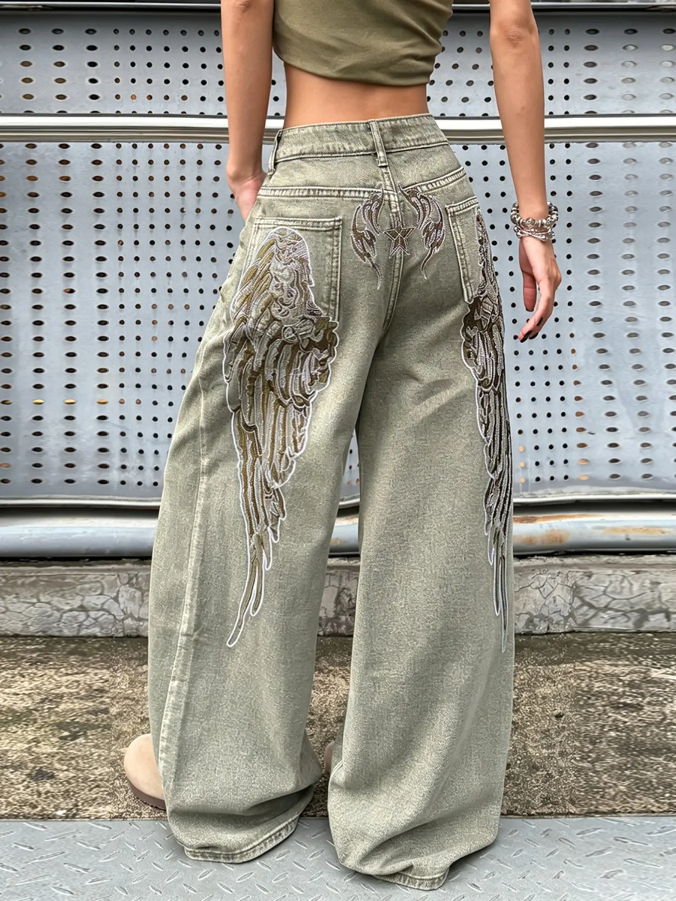 Women's High-Waisted Wide-Leg Jeans, Elegant Angel Wings Embroidery, Millennial Y2K Street Style, Loose Fit, All Seasons, Multiple Colors Available