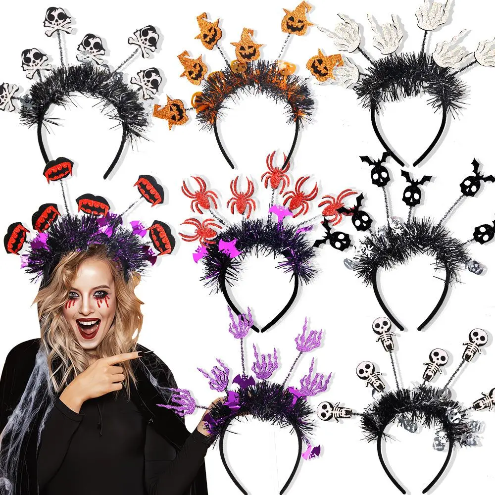 Halloween Pumpkin Spider Tinsel Headband – Colorful Radial Bopper Hair Hoop, Fluffy Party Headwear, Spooky Costume Accessory for Women, Men & Kids