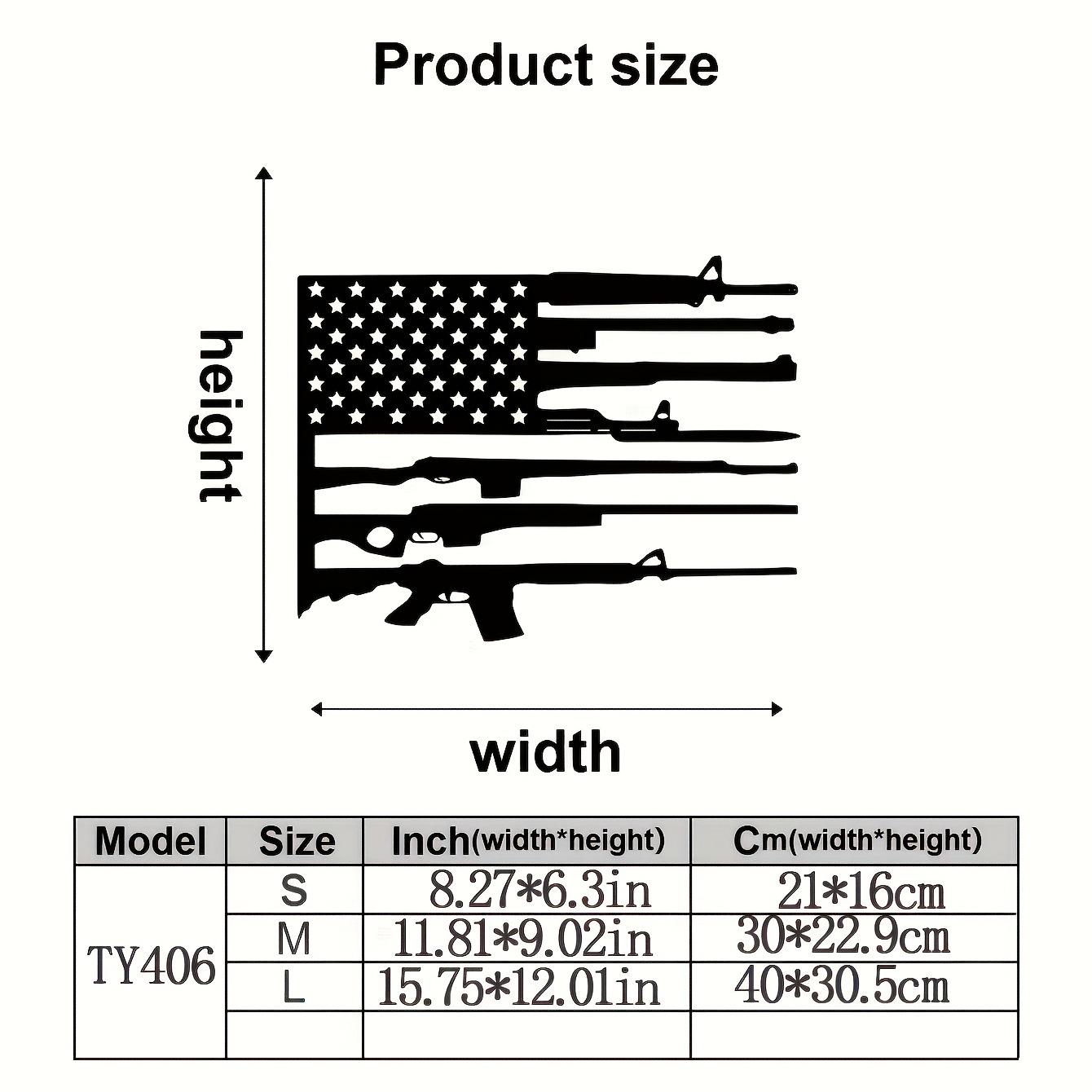 American Flag and Rifle Metal Wall Art — A patriotic-style wall decoration featuring a design of the national flag and a rifle. It makes an ideal gift for celebrating Independence Day or Veterans Day, or for anyone who loves patriotic-themed decor.