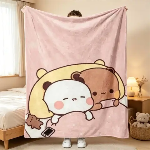 Bubu Dudu Cartoon Flannel Blanket, Cute Bear Print Plush Fleece Throw Blanket, Kids & Adults Cozy Soft Blanket, Air Conditioning Blanket for Sofa Bed Couch, All Season Home Decor Gift for Birthday Christmas