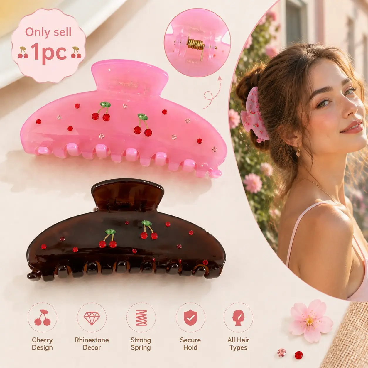 2 PCS Cherry Pattern Print Large Vintage Hair Claw Clips, Non-Slip Strong Hold Medium Jaw Clips with Rhinestone Decor, Cute Fruit Themed Hair Accessories For Women & Girls, Daily Hair Styling, Ponytail, Bun, Thick Hair, French Style.