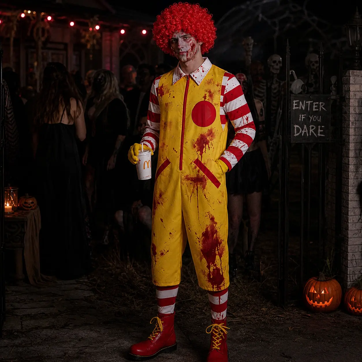 Adult Bloody Yellow-Red Creepy Clown Cosplay Clothes, Halloween Zombie Killer Jumpsuit with Fake Blood, Horror Fast Food Mascot Haunted House Outfit