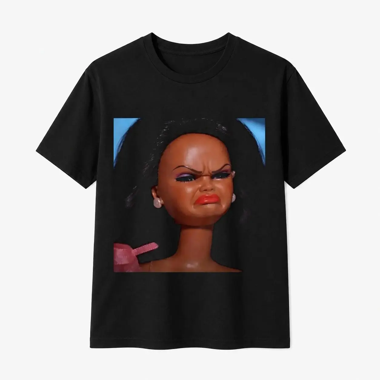 100% Cotton Men's Humorous Reaction Meme Featuring Angry Disgusted Black Doll Face Suitable for TShirt Design