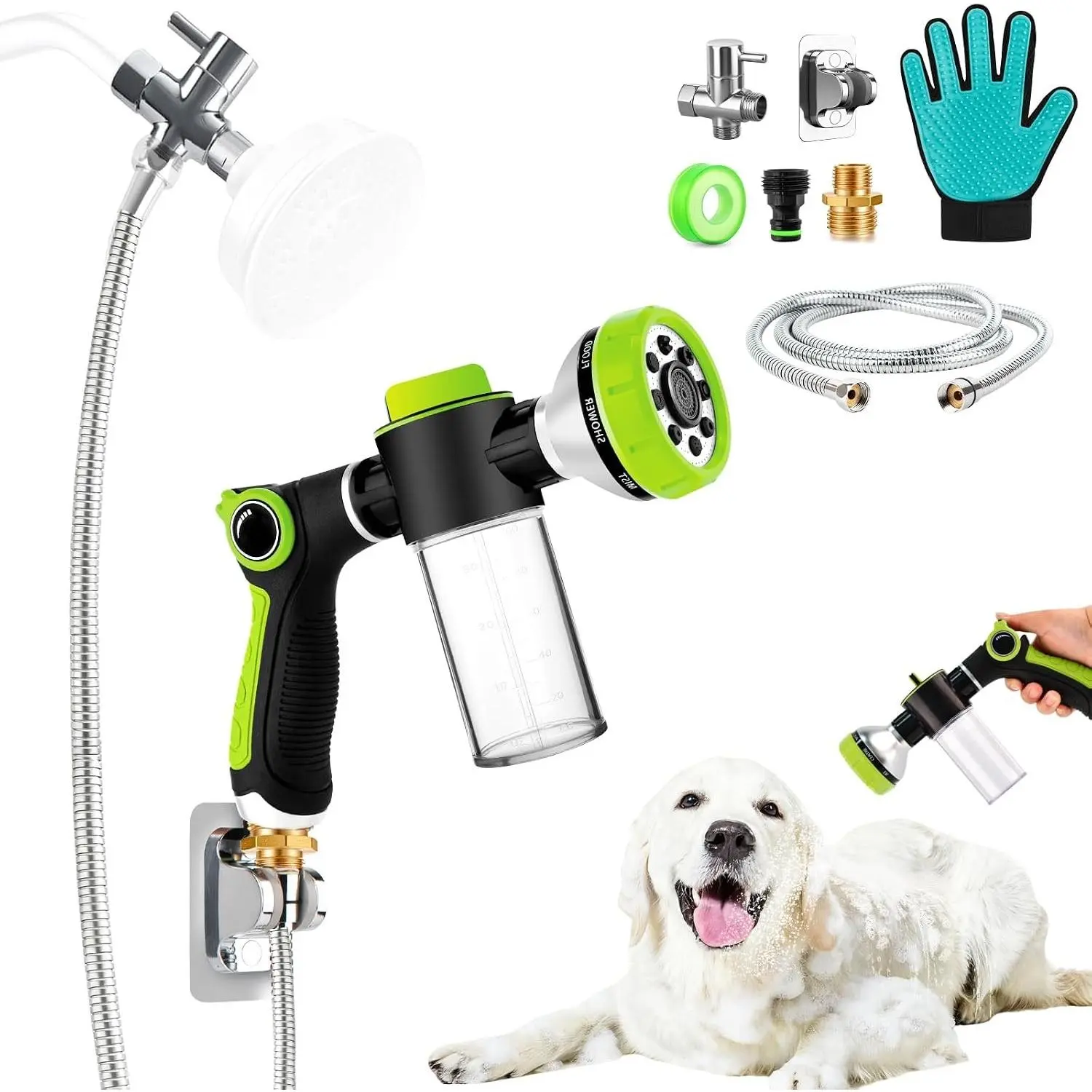 Dog Shower Attachment, All-in-One Pet Bathing Attachment for Shower System for Indoor Dog Washing, Dog Bathing Kit, 8-in-1 Dog Sprayer, Shower Bracket, Hose, 3-Way Diverter, Grooming Glove, Connector