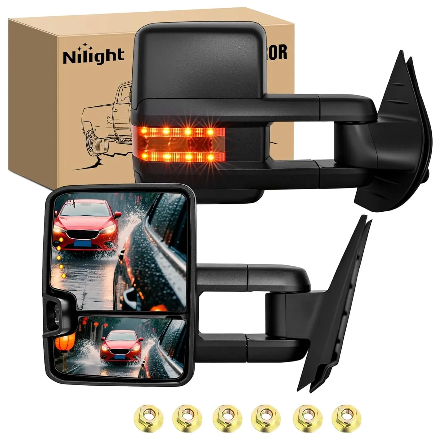 Nilight Automotive LED Towing Mirrors - Car Accessories with Turn Signal, Reverse Puddle Lights, Power Heated Adjustable Glass, Manual Telescoping Foldable ABS Shock-Resistant Mirrors for 2007-2014 Chevy Silverado, GMC Sierra, Yukon XL (Car Accessories),,