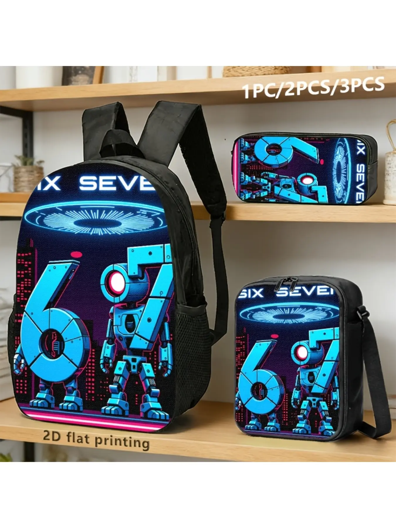 3pcs Backpack, Crossbody Bag, And Pouch with Cyberpunk-Themed Robot & '67' Motif in Blue/Purple Neon, Featuring Glowing Rings And Cityscape; Ideal for Tech-Savvy Adults Using for Daily Commute Or Device Storage