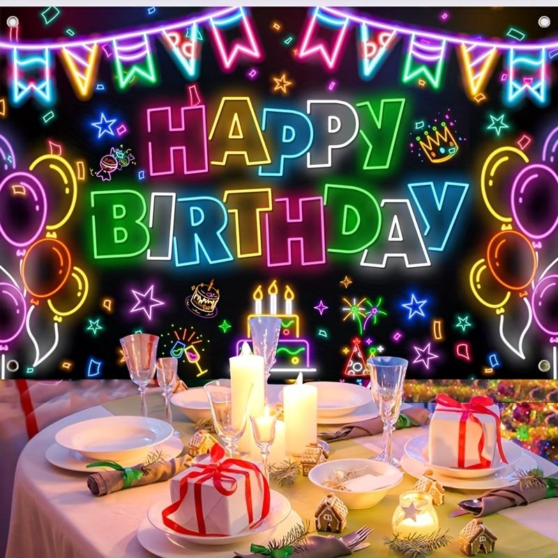 1pc Black Light Durable Polyester Neno Glow-in-the-Dark Birthday Party Backdrop - Vibrant Neon "Happy Birthday" Sign with Balloons, Candles & Confetti, Banner for Indoor Celebrations & Photo Ops, Festive Room
