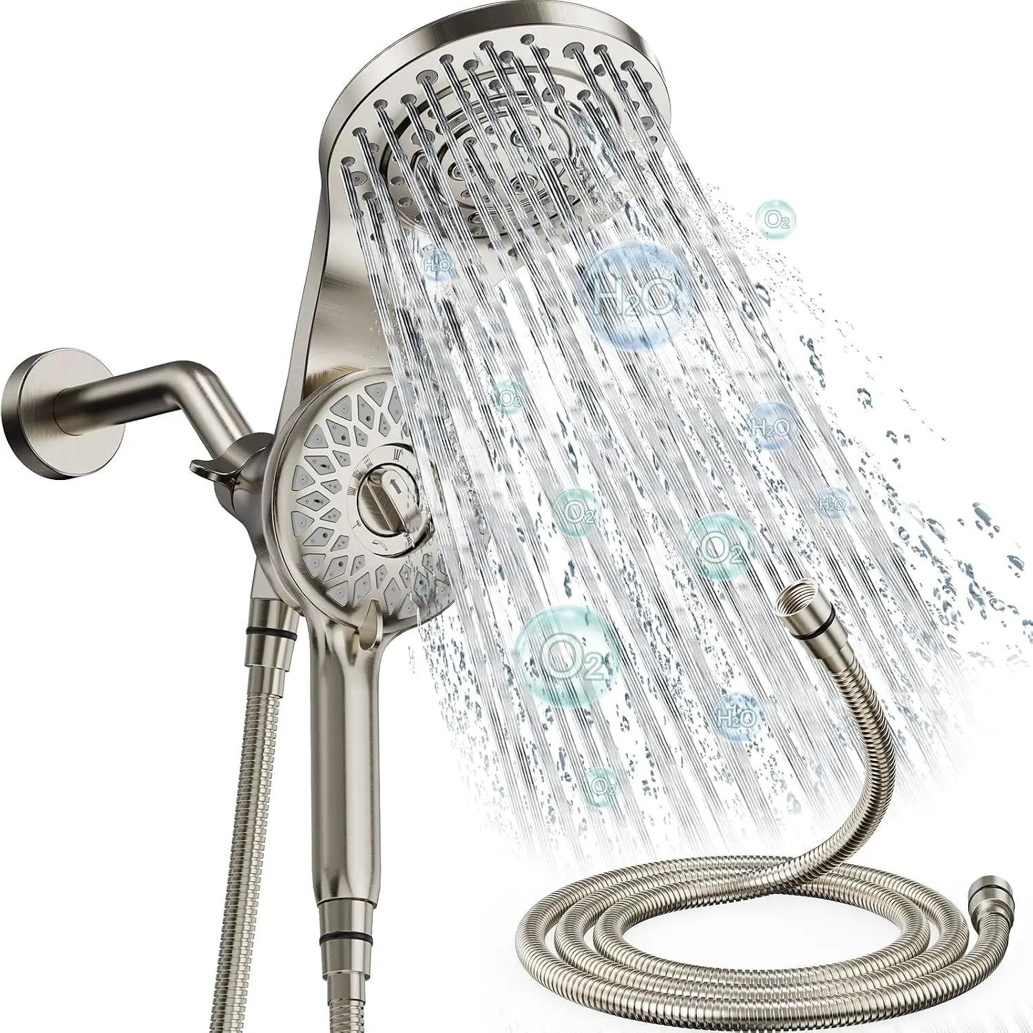Brushed Nickel 2-in-1 Shower Head Combo Set - Double Head with Handheld Spray and 9 Modes Including Rainfall Mode