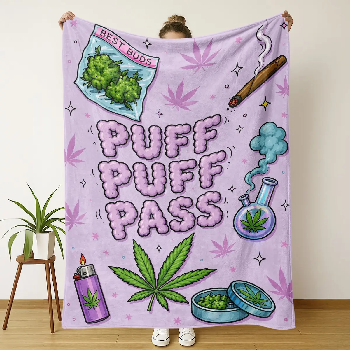 Cannabis Leaf Print Flannel Puff Puff Pass Throw Blanket - Soft, Cozy Modern House Decor, Apartment Accessories for Home Lounge, Ideal Sofa Bed Couch Accent, Perfect Gift