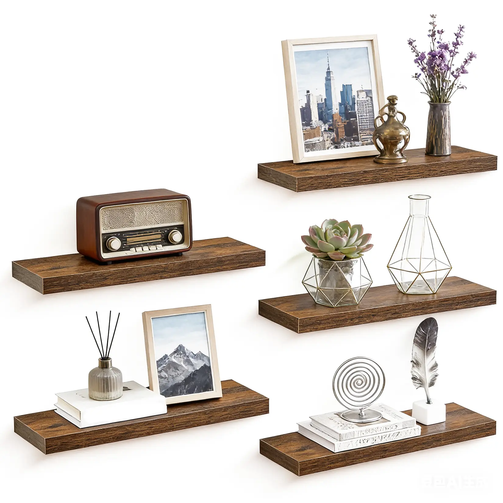 Garvee Rustic Floating Wall Shelves Set - Wall-Mounted Wood Display Ledges with Hidden Metal Brackets, Easy Install for Living Room, Bedroom, Kitchen & Bathroom Decor - Browm