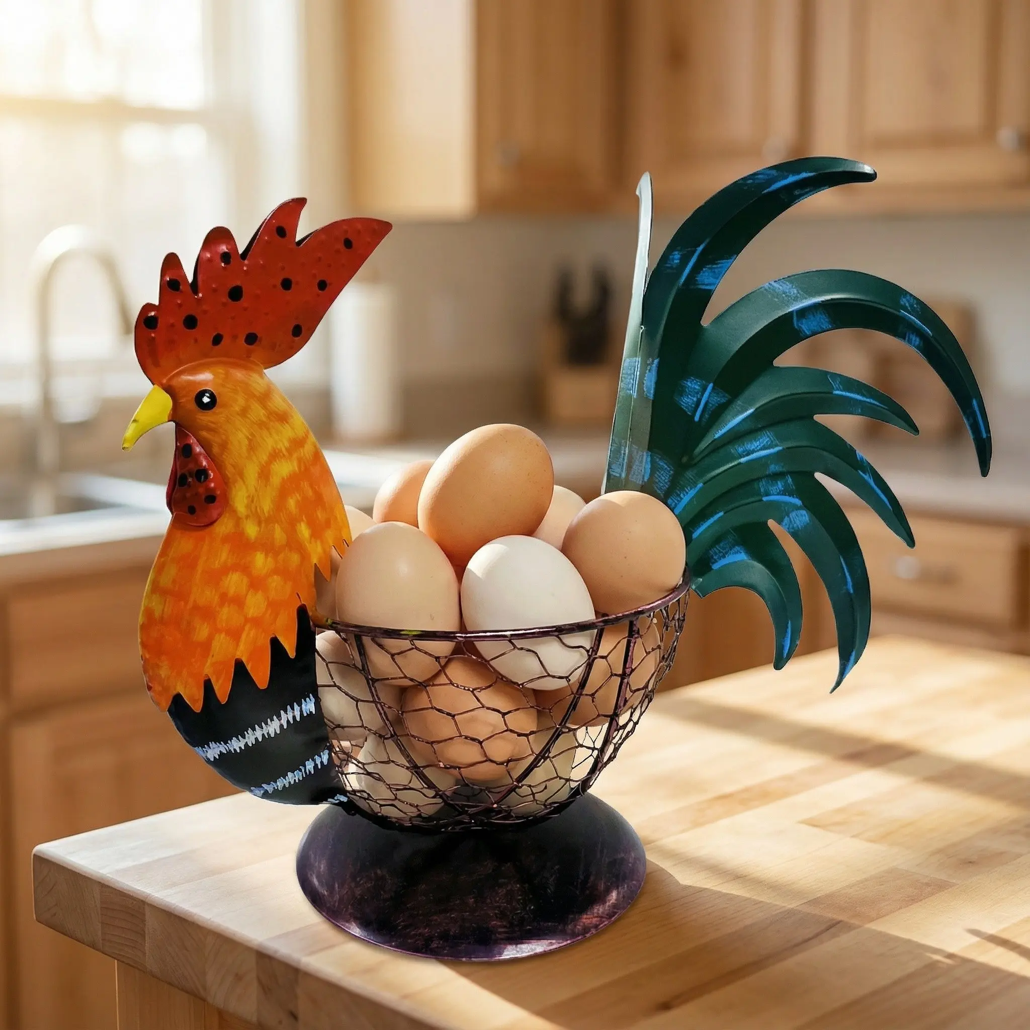 Farmhouse Rustic Multicolor Chicken Wire Metal Egg Basket, Vintage Rooster Ornament Gift, Cute Decorative Fruit Basket Decoration for Kitchen & Home