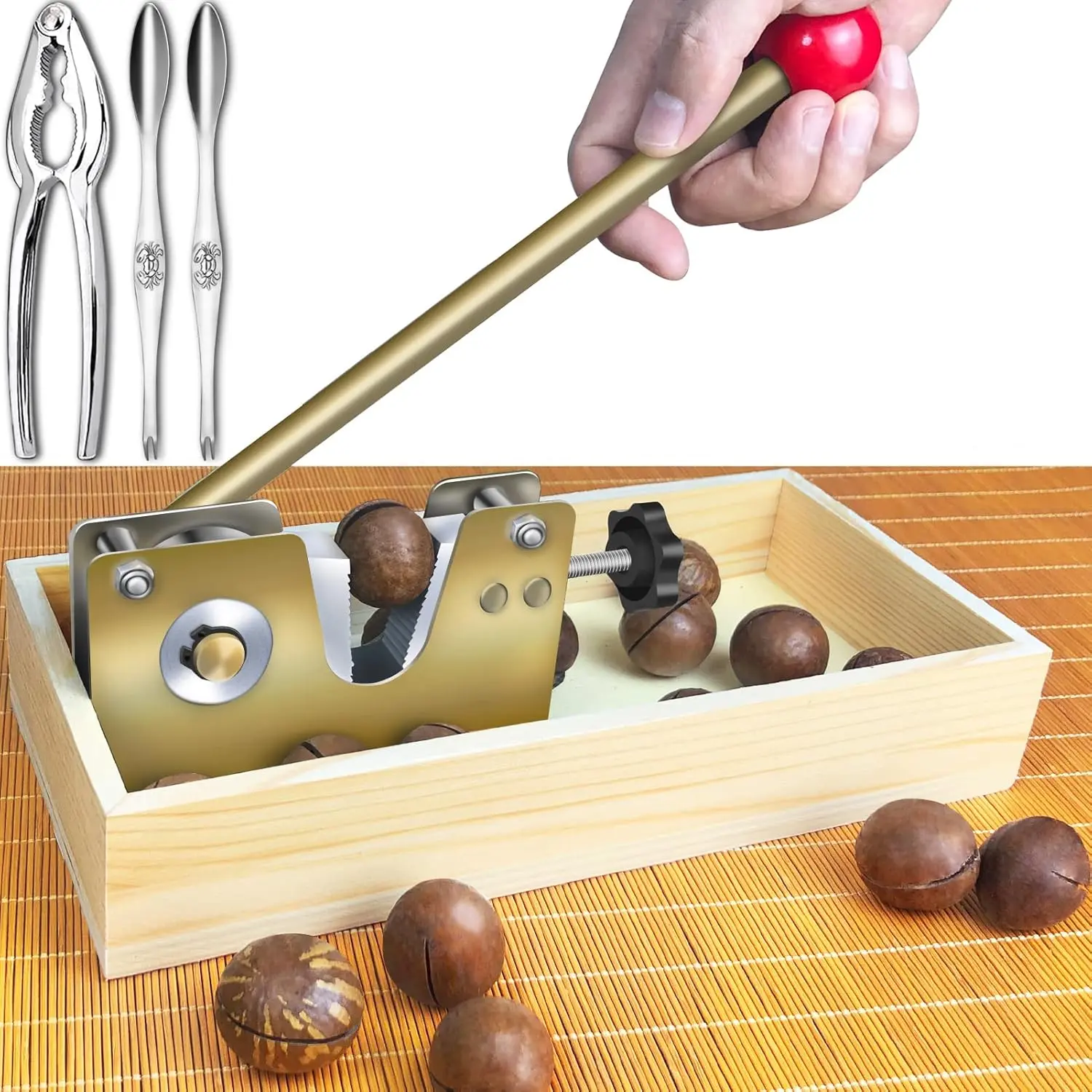 Heavy Duty Macadamia Nut Cracker Tool with 1 Crab Cracker, 2 Wide Crab Forks, Wood Handle Base with Rectangular Wooden Box for Walnuts, Almonds, Pecans, Hazelnuts, Macadamia Nuts etc