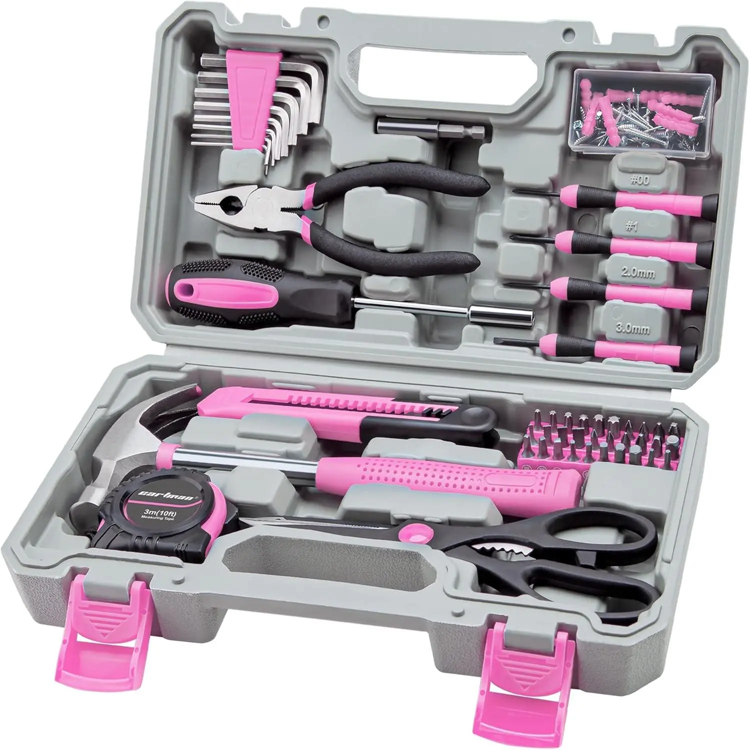 Pink Steel-Plastic Complete Tool Set with Compact Storage Case - Full Assortment for DIY Users, Home Fixes, Hand Tool Needs, Tools