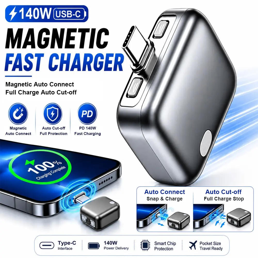 140w Magnetic USB-C Fast Charger, PD Super Charging, Auto Connect & Disconnect, Smart Protection, Portable Travel Charger