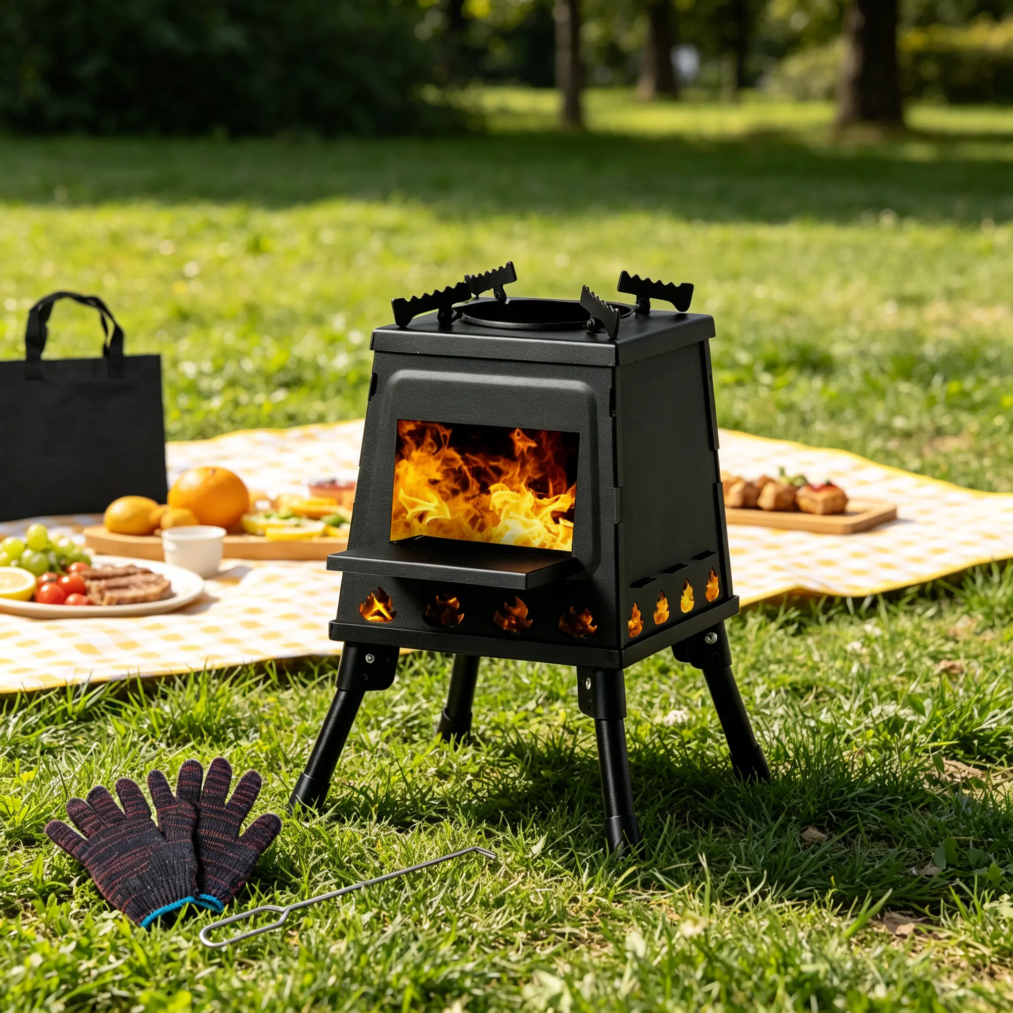 Black Portable Foldable Wood Burning Camping Stove with Carry Bag & Accessories, High Efficiency Solid Fuel Survival Stove for Hiking Fishing Backyard Outdoor Cooking