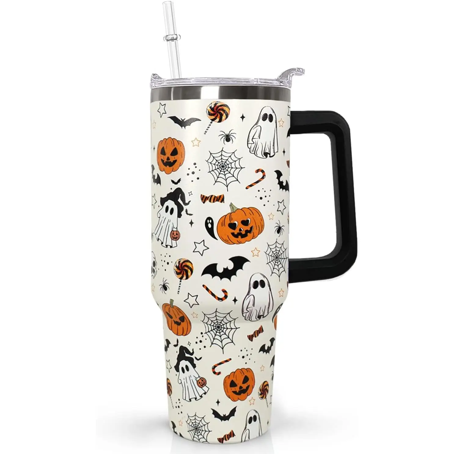 40 oz Halloween Pumpkin Tumbler Insulated Stainless Water Bottle Travel Coffee Cup, Water Bottle - Goth Ghost Witch Decor Gift for Women
