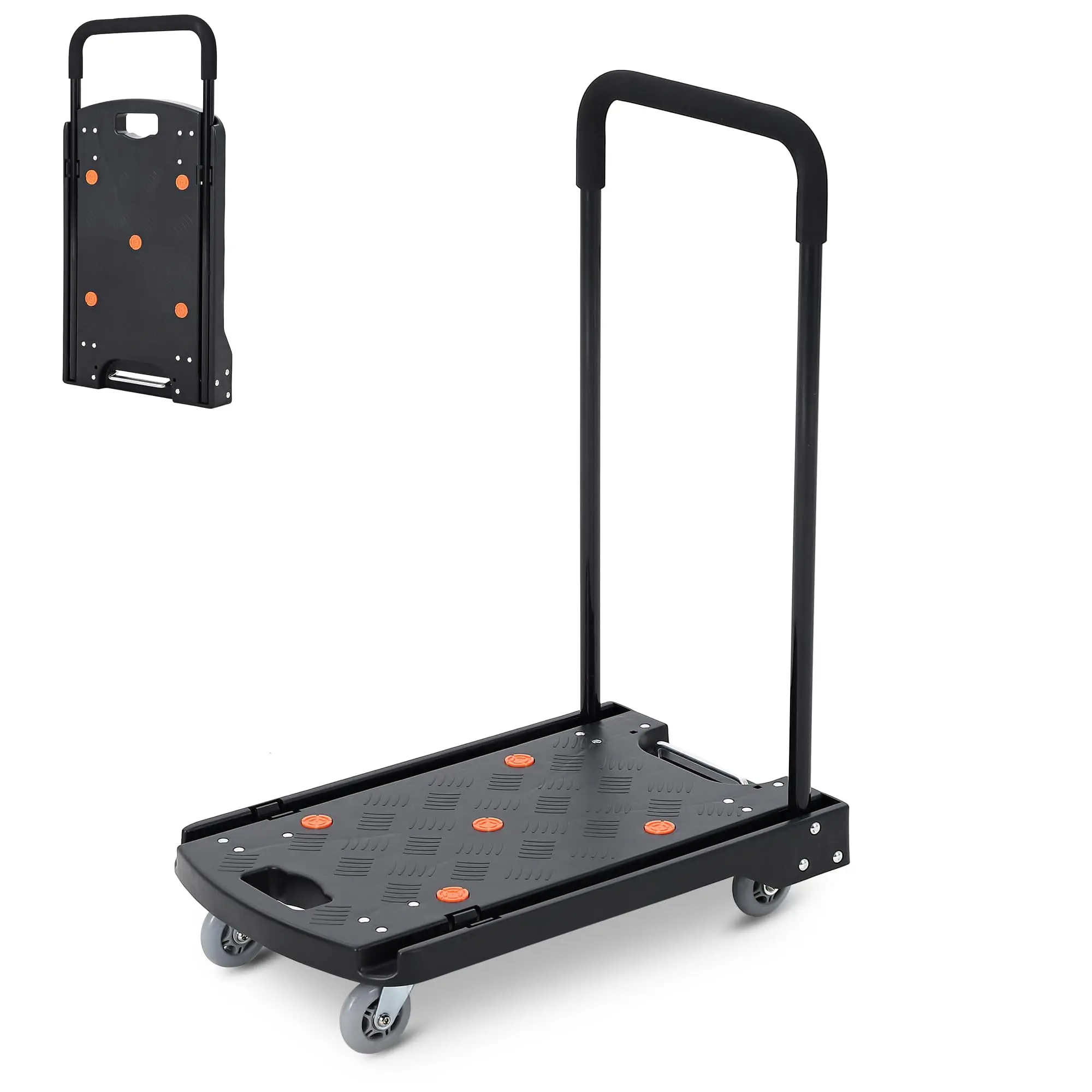 Heavy-Duty Folding Platform Truck Cart, 330 LB High Load Capacity Flatbed Dolly with 360° Swivel Casters, Non-Slip Deck & Collapsible Handle, Portable Moving Utility Cart for Warehouse, Garage and Home Use, Black