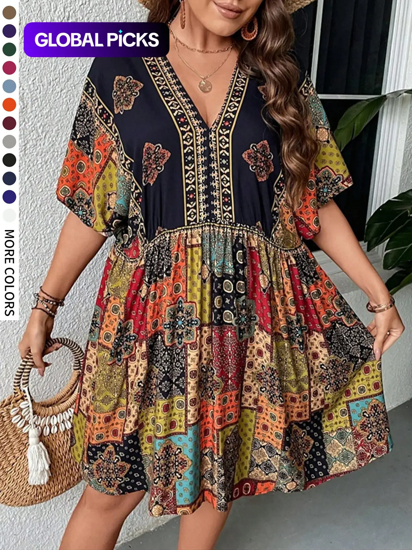 Plus Size Ethnic Pattern V Neck Batwing Dress for Curvy Women, Boho Stylish Loose-Fit Dress for Summer, Perfect for Parties and Holiday, Casual Wear, Bohemian, Womenswear #GLOBAL PICKS
