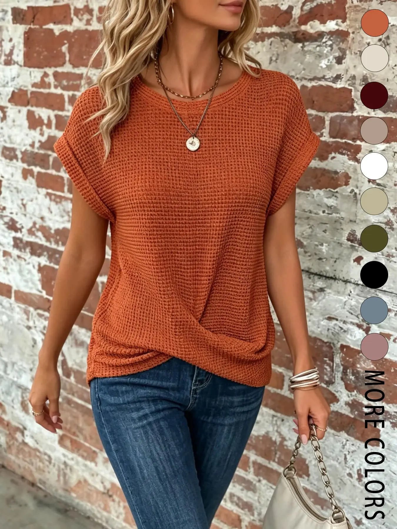 A women's fashionable casual loose round neck short sleeved top with rolled sleeves and twisted design, Basic, suitable for commuting in summer, suitable for daily home commuting, short distance camping, travel, ancient architecture check-in