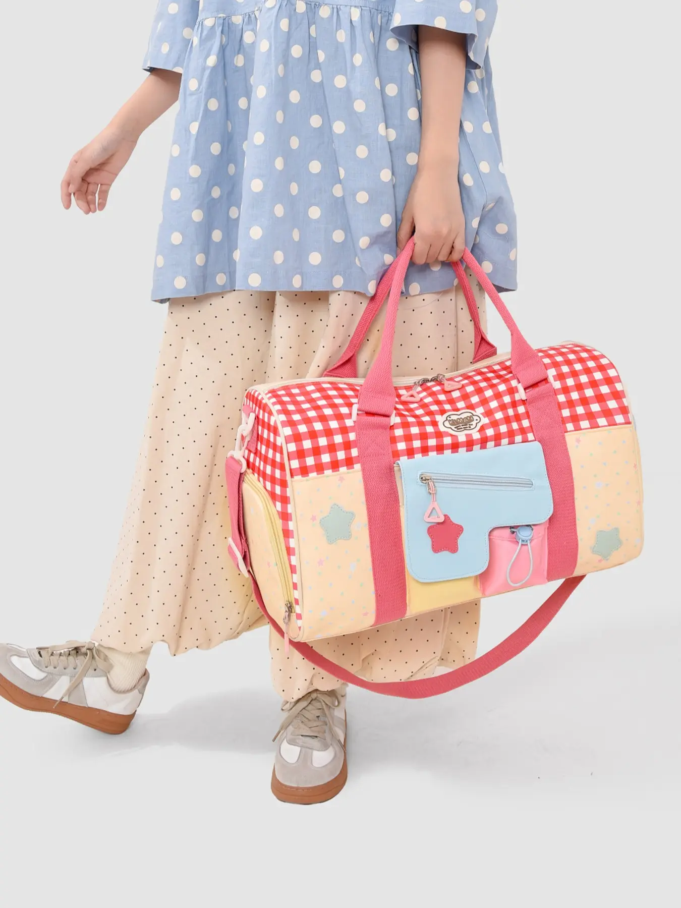 Dopamine Color-Block Plaid Durable Travel Bag, Reinforced Bound Edges, Multiple Pockets, Lightweight Soft Shell, Stylish Carry Bag for Girls