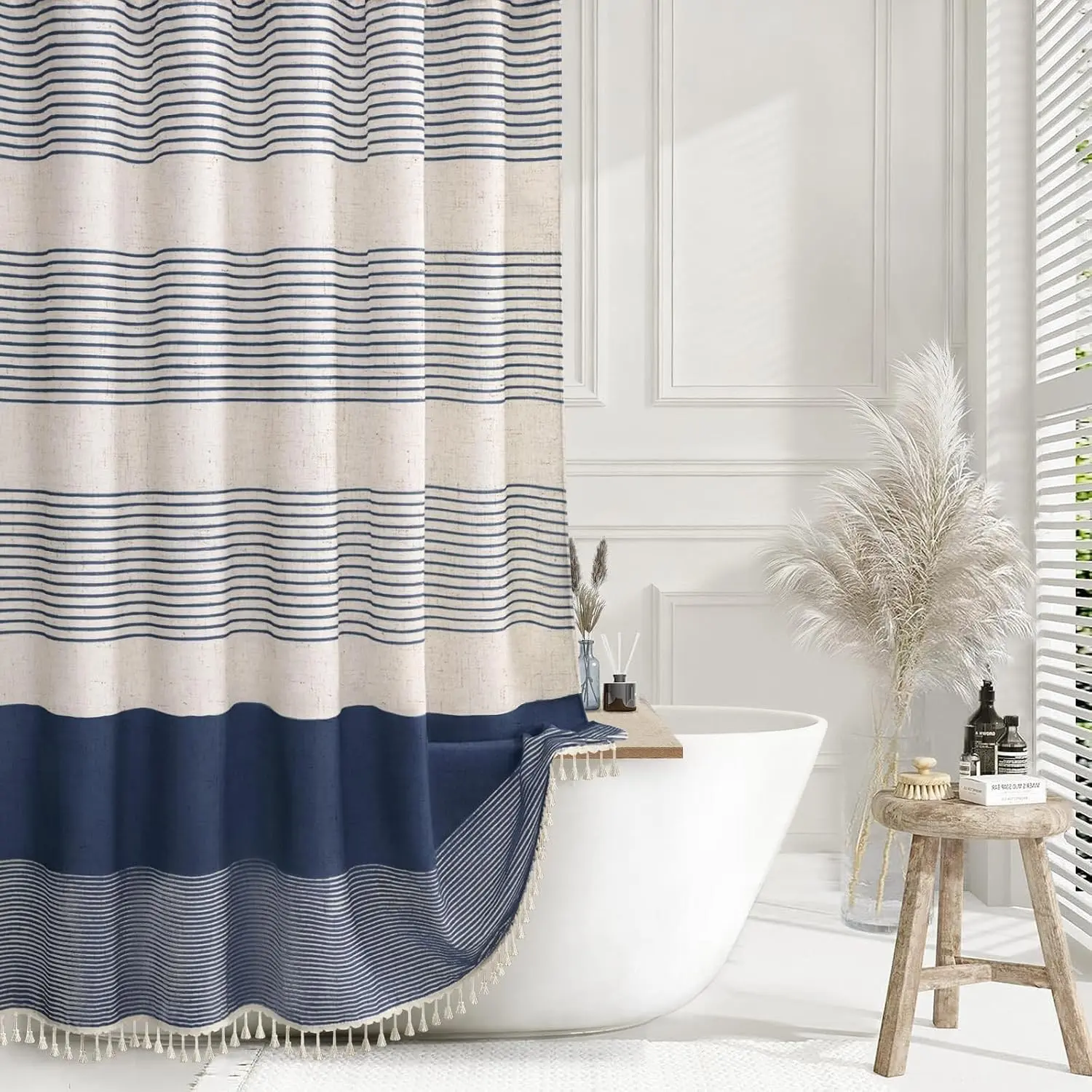 Navy Blue Coastal Ocean Striped Linen Shower Curtain with Tassels, 72W x 72L – Boho Farmhouse Bathroom Decor with Linen TextureGift