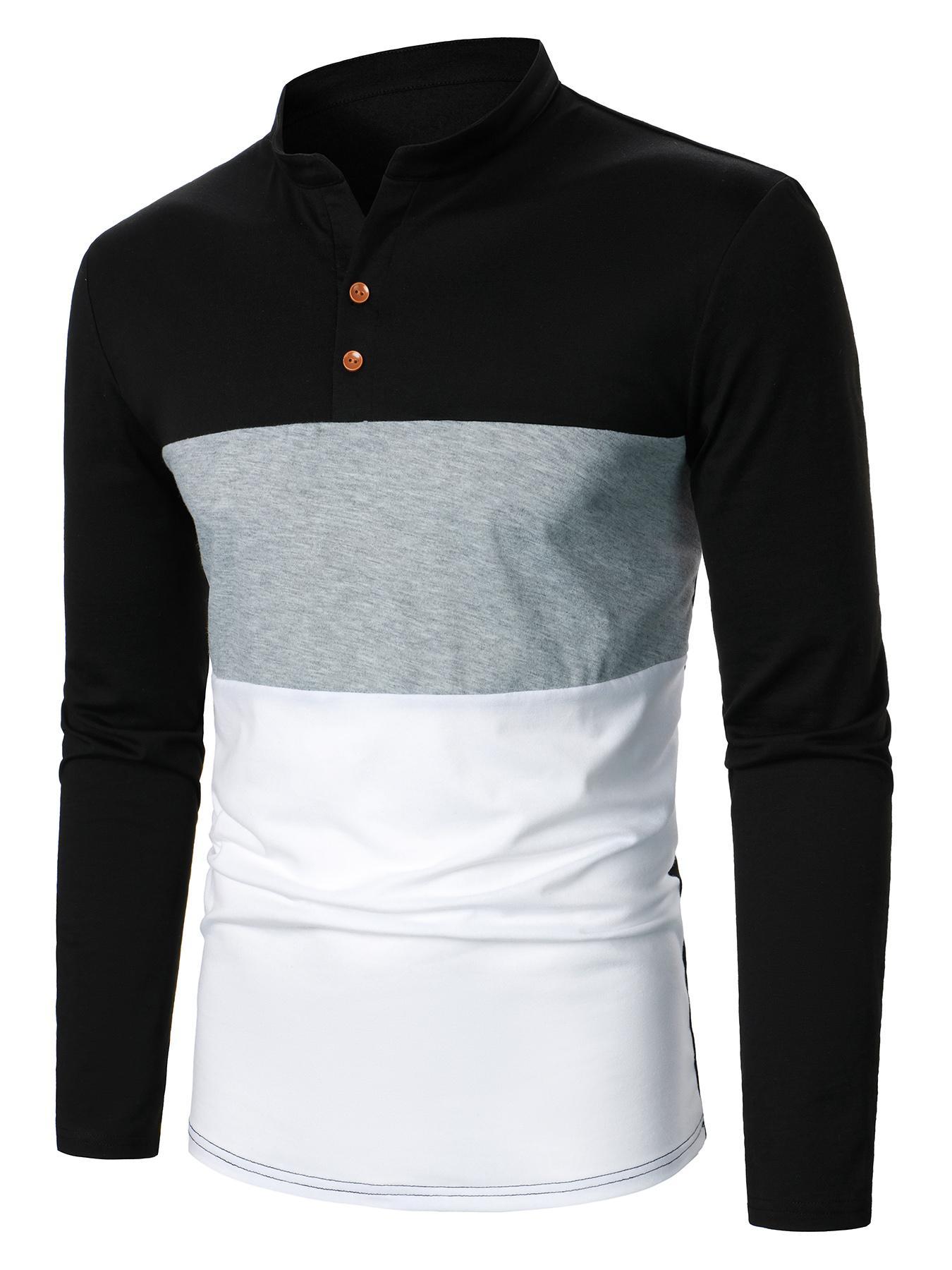 Men's Colorblock Half Button Polo Shirt, Regular Fit Casual Long Sleeve Top for Fall & Winter, Men's Clothes for Daily Wear, Fall Clothes 2024, Menswear