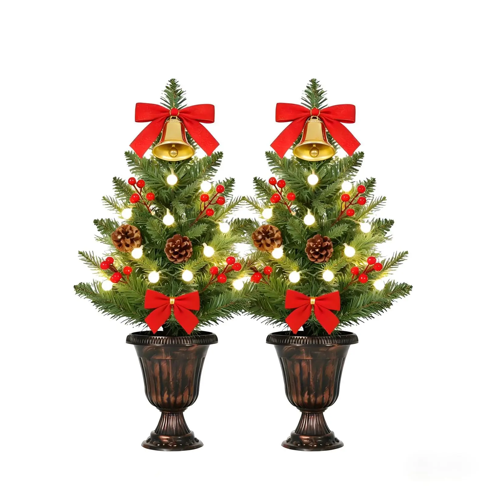 Set of 2 24-Inch Tabletop Artificial Christmas Trees with Pine Cones & Red Berries – Mini Green Xmas Decor – Ideal for Home, Office Desk, Mantel, Windowsill – Holiday Decoration