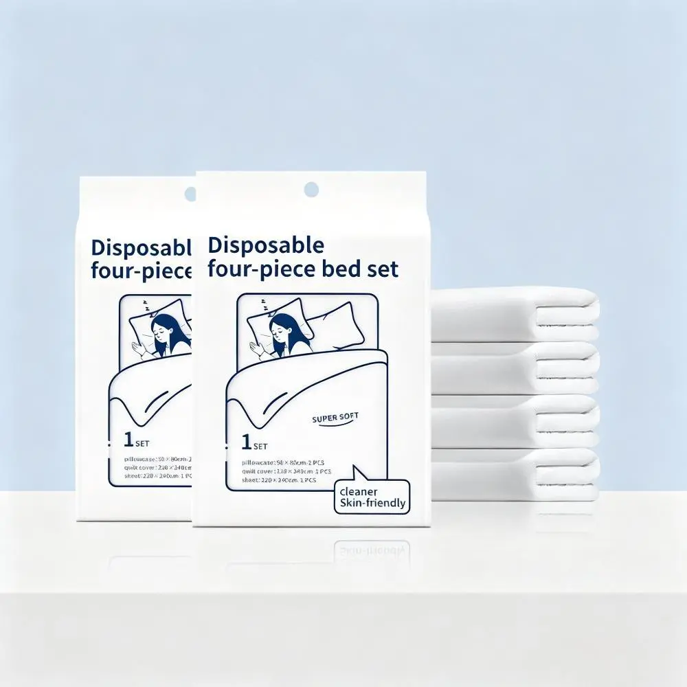 Disposable 4-Piece Bedding Set, Travel Anti-Dirt Bed Sheet Duvet Cover Pillowcase Kit, Hotel Sanitary Disposable Linen Supplies, Portable Hygiene Gear for Business Trips Camping Vacations, Anti-Stain, Four Pieces