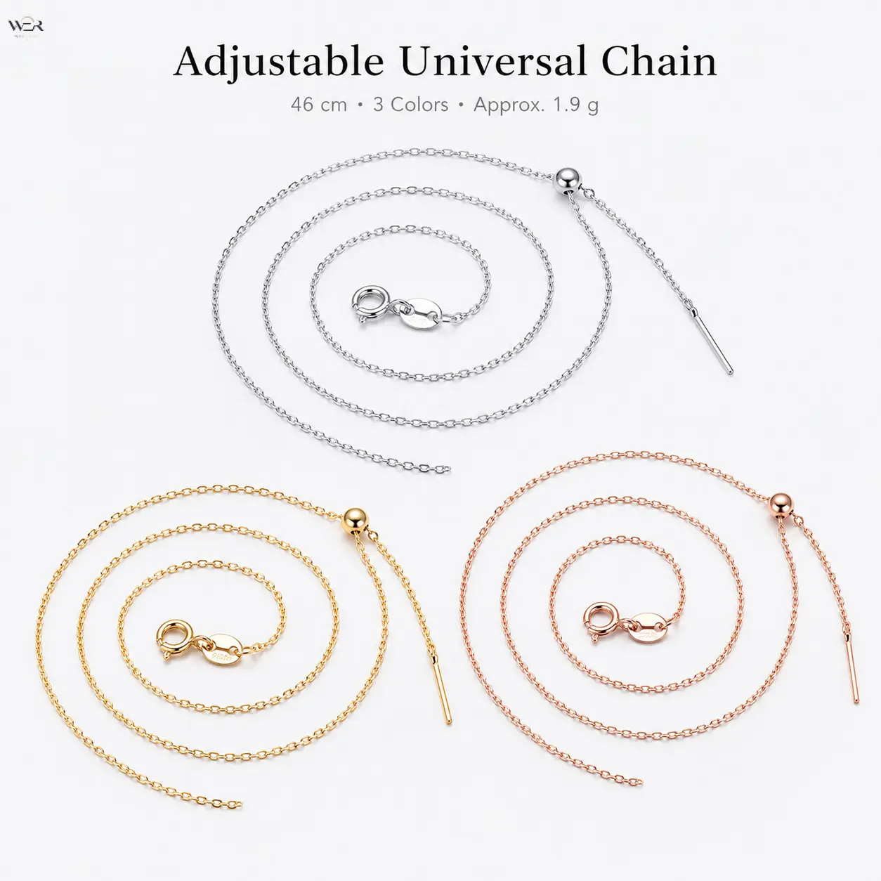Adjustable Slider Needle Pendant Chain, 46cm Thin Copper Cable Necklace Cord, 3 Tones Silver Gold Rose Gold Universal Blank Chain, Dainty DIY Jewelry Making Base Chain for Women Pendant Charms