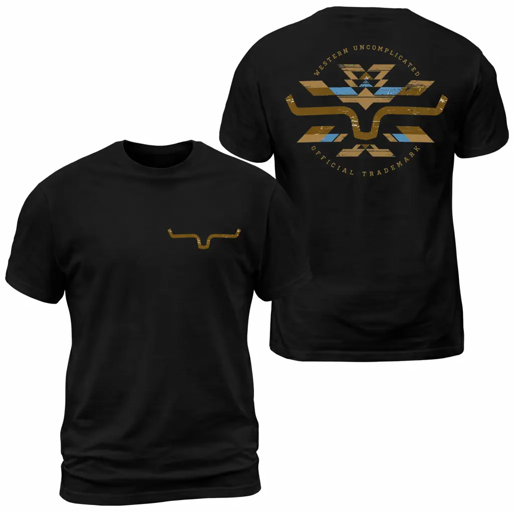 Kimes Ranch Horn Logo Aztec T-Shirt, Western Ranch Graphic ,  Tribal Back Print With Front Chest Horn Emblem, Cowboy Casual Outfit, Soft Cotton  Gift For Men and Women all-season oversized distressed tee