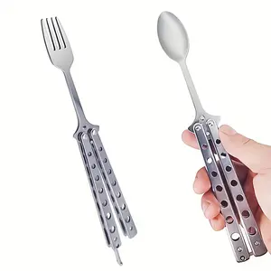 2count Butterfly Style Stainless Steel Spoon & Fork, Fidget Play Dual Purpose Tableware for Outdoor Camping, Daily Dinner & Novelty Gift