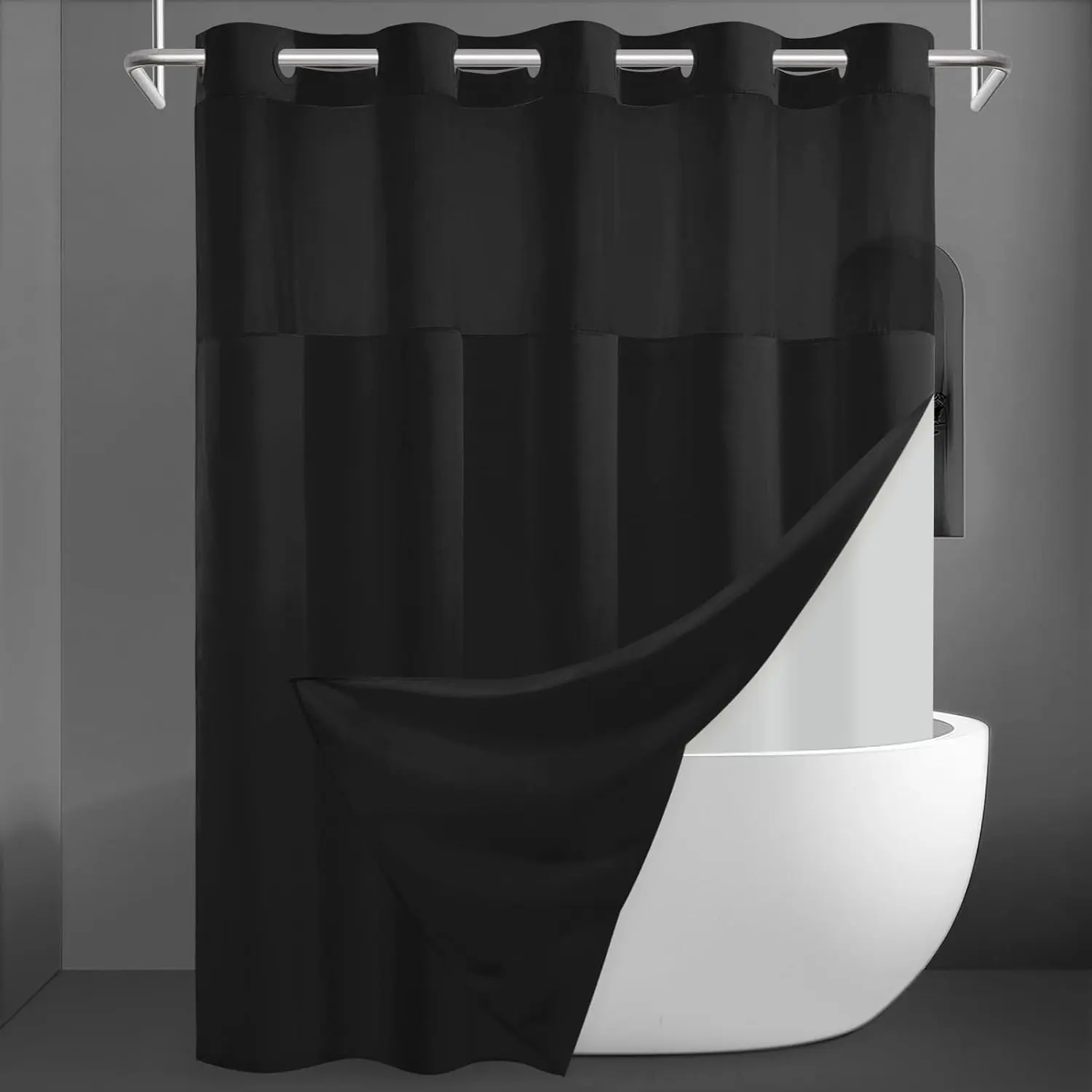 Hotel Shower Curtain with No Hook, Slub Texture, Snap-in Liner - Black Outer, Waterproof Inner Liner, Translucent Top Window, Light, Washable, 71" Width x 74" Height
