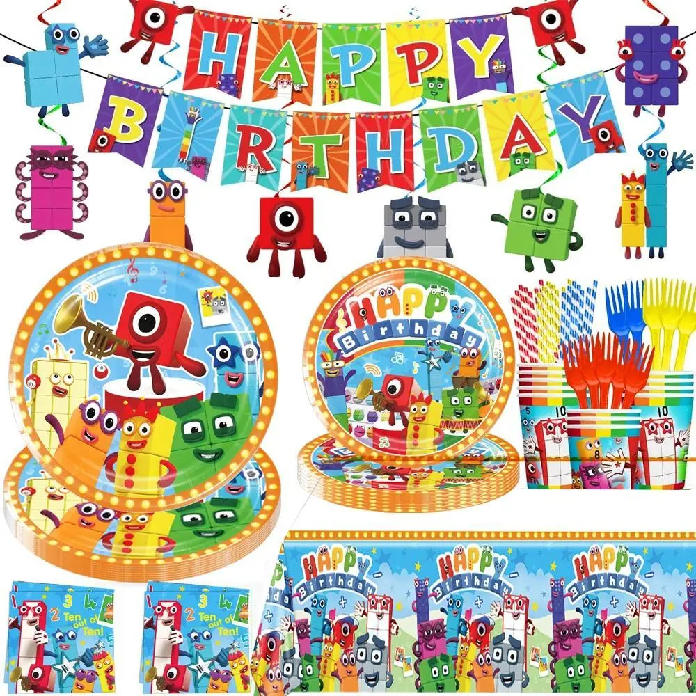 Number-Themed Party Decorations Kit - Building Blocks, Tablecloth, Banner, Spiral Cake Topper, Balloon for Kids’ Birthday Supplies & Gifts