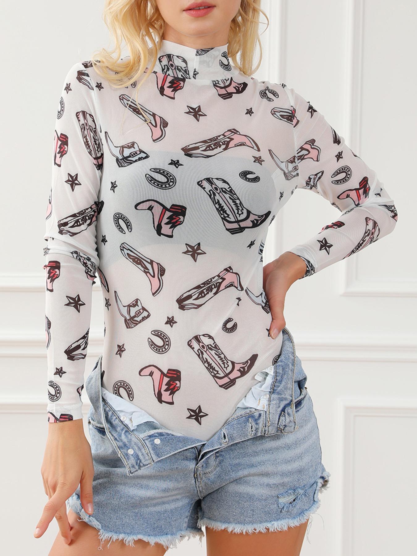 Women's Boot Print Mock Neck Semi-Sheer Bodysuit, Sexy Fashion Long Sleeve Bodysuit for Spring & Fall, Women's Clothes for Daily Wear
