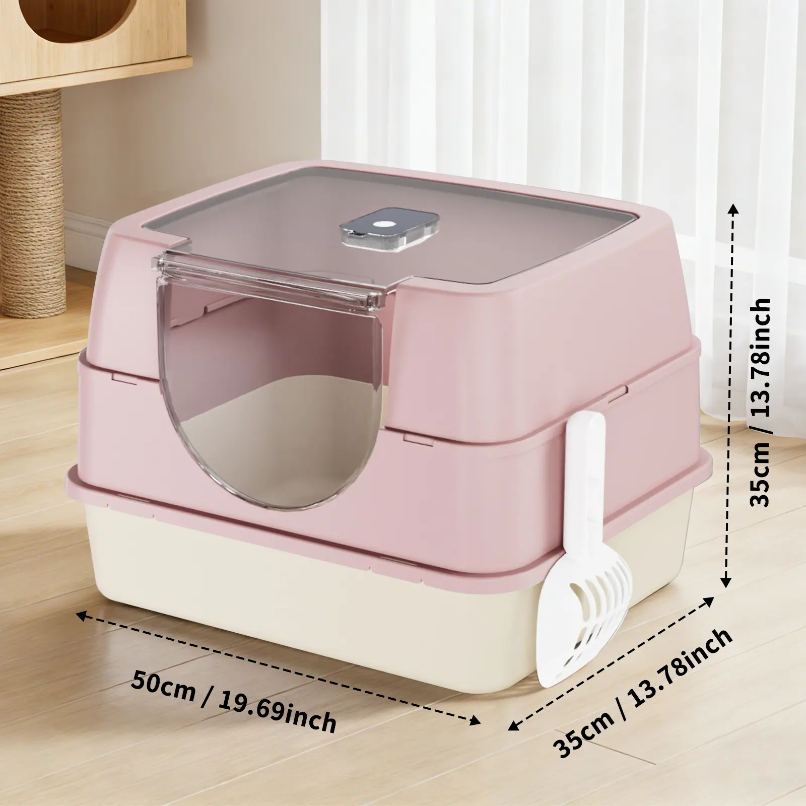 Modern Litter Box Enclosure, Solid Plastic Hooded Design for Anti-Tracking & Odor Control, Includes Scooper, 50x35x35cm
